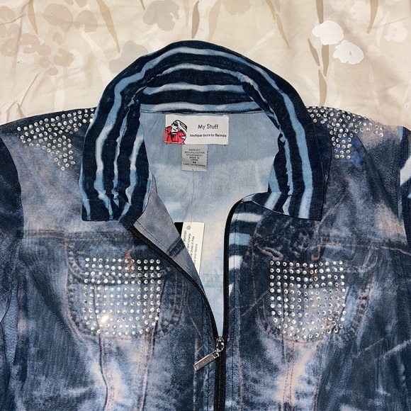 NWOT My Stuff (Boutique Buys By Belinda) Sheer Denim Print Zip Jacket - Picture 7 of 9